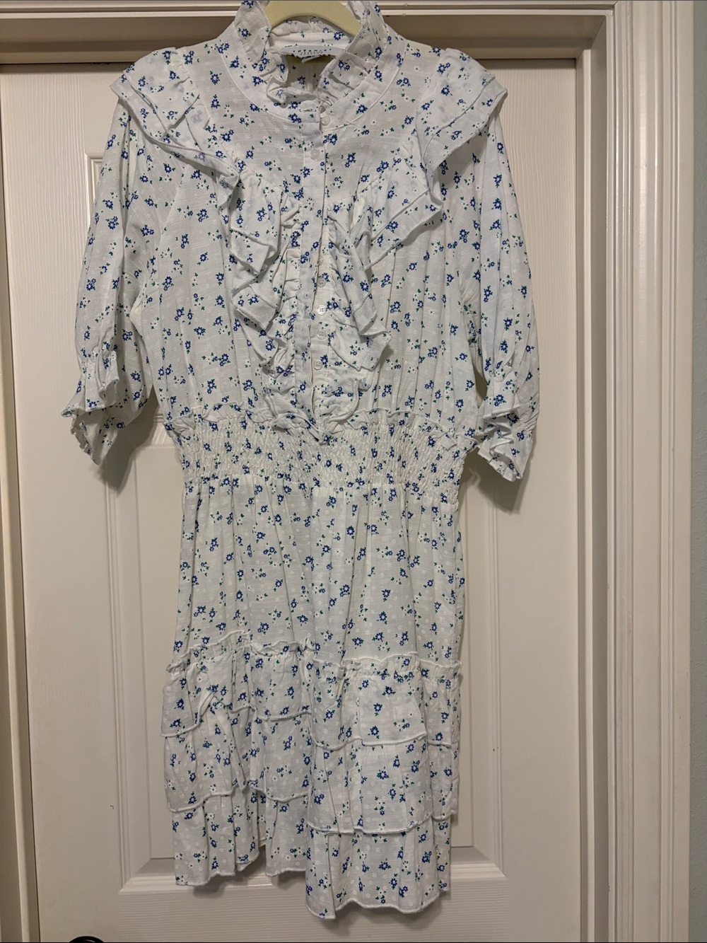 The Shirt by Rochelle Behrens blue & white ditsy floral dress sz L